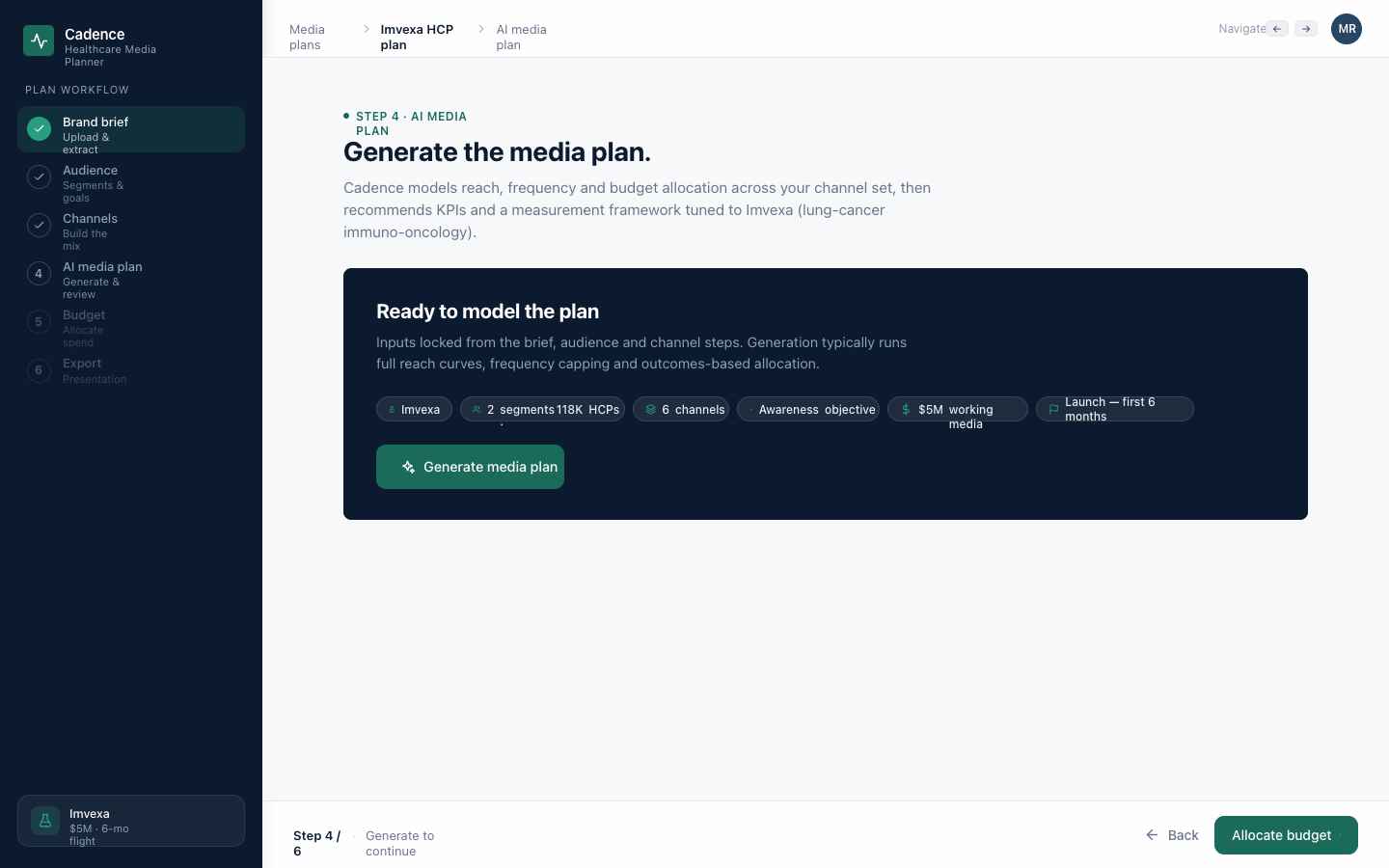 Cadence planner — step four, the locked brief ready to model: segments, HCP universe, channels, objective, working media and flight